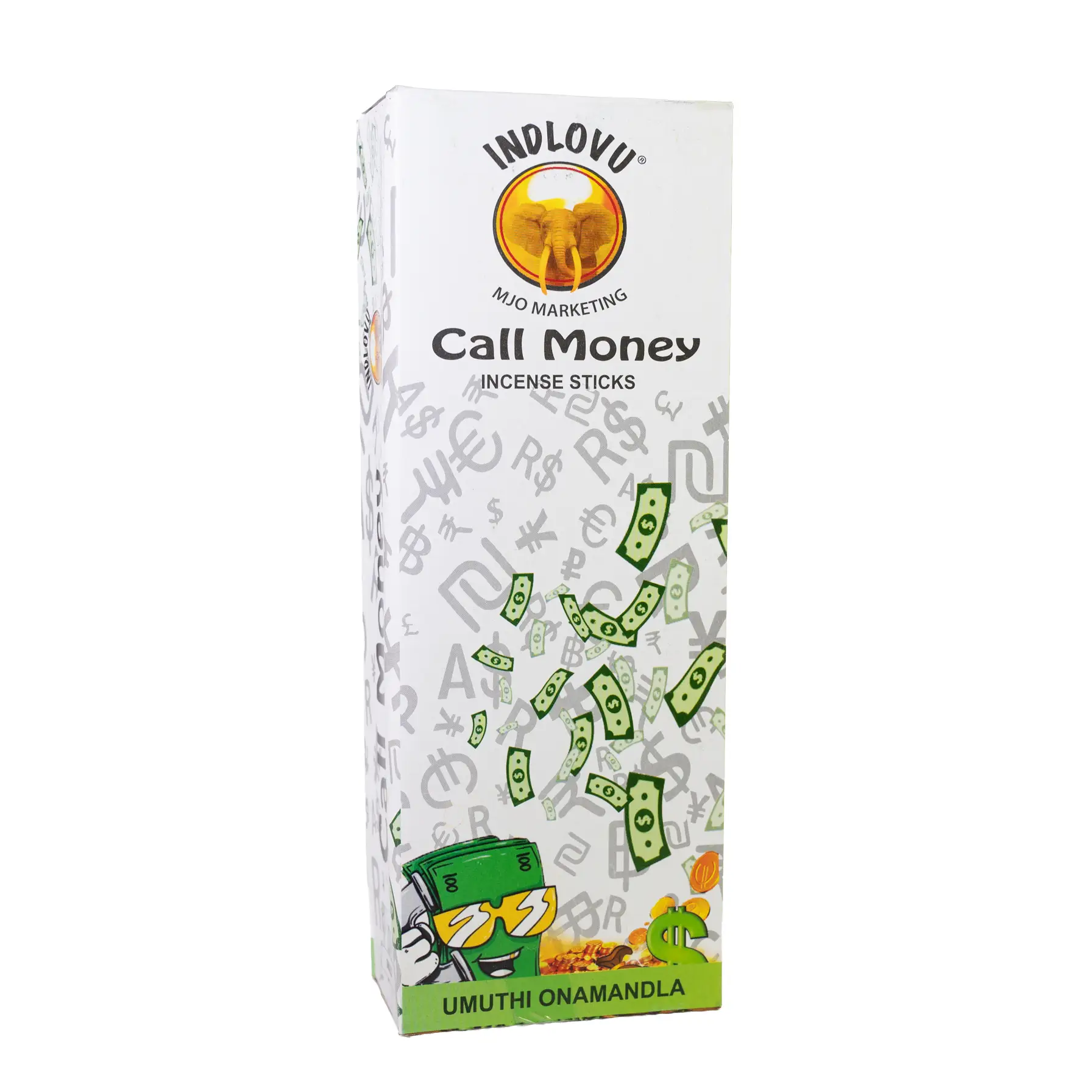 Indlovu Call Money incense packaging design.