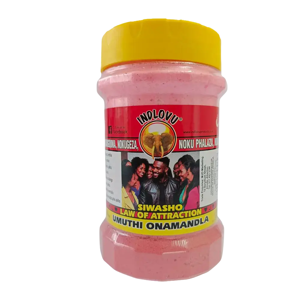 Indlovu Siwasho Law of Attraction powder with elephant logo and people.