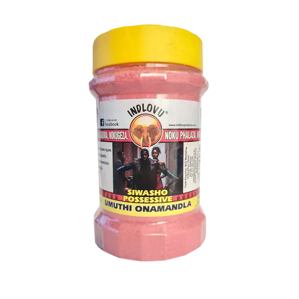 Indlovu Siwasho Possessive pink powder in plastic jar.