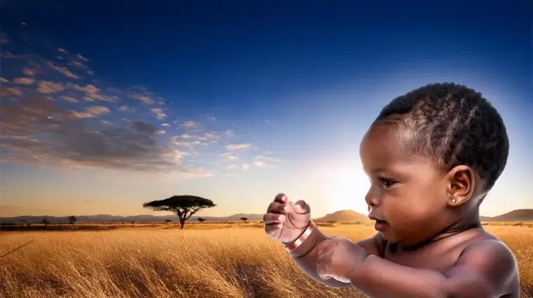 Baby with African savannah landscape at sunset.