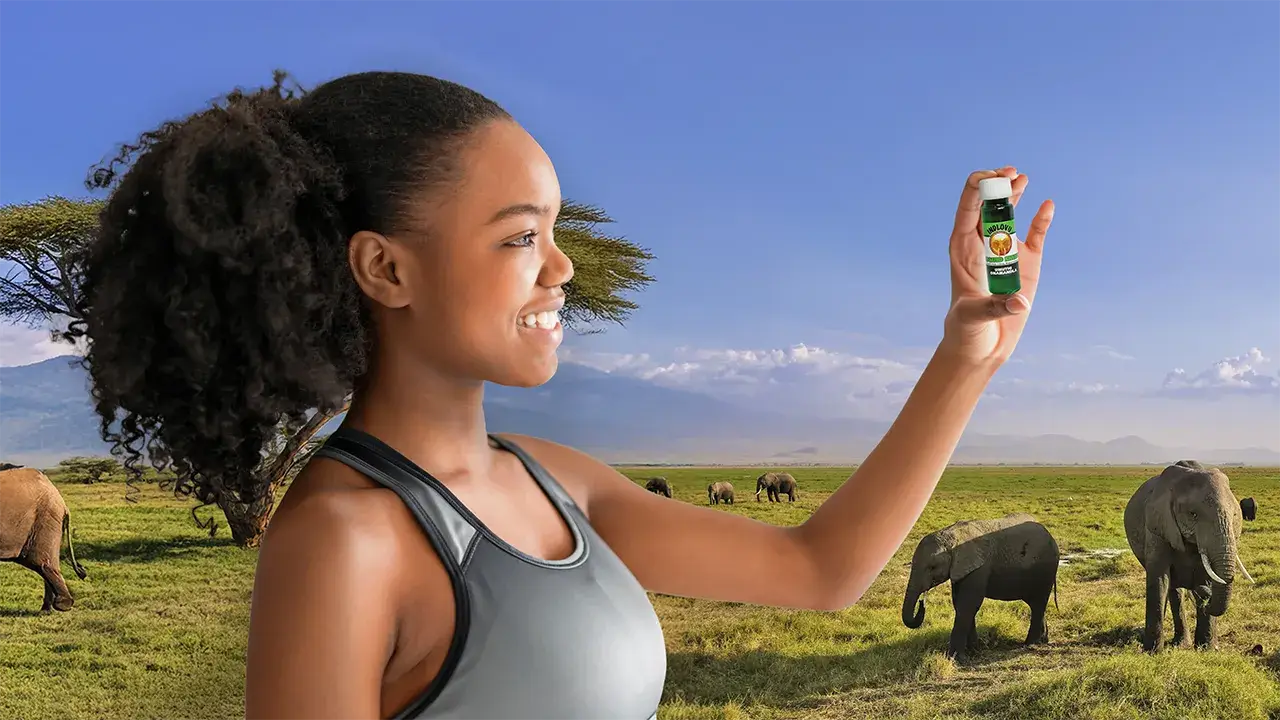 Smiling woman holding product in African savannah.