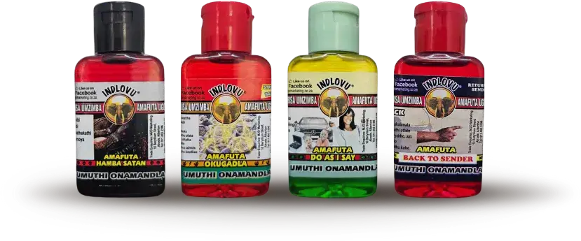 Four colourful spiritual oil bottles on display.