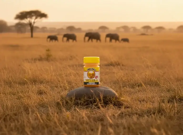 Yellow Vimbela on African savannah with elephants.