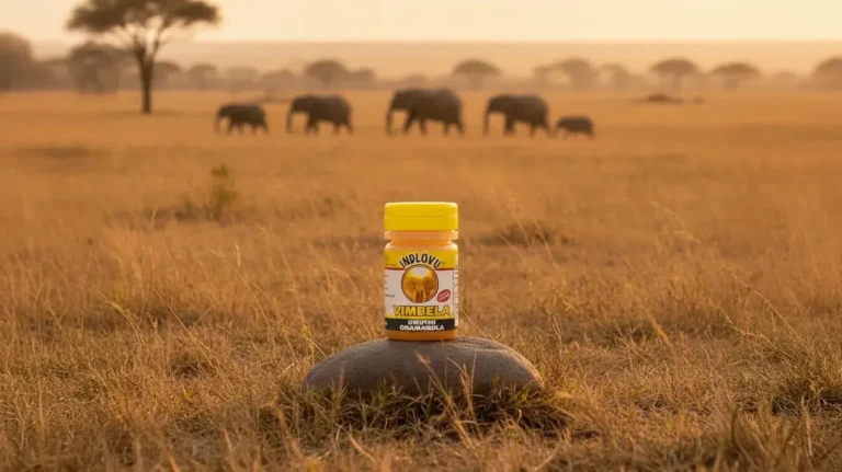 Yellow Vimbela on African savannah with elephants.