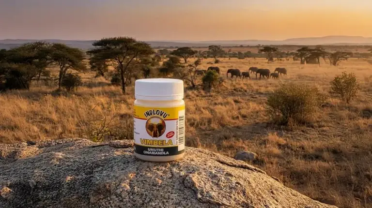 Supplement bottle on rock with elephants in background.
