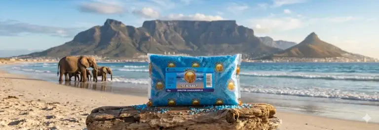 Sea salt pack on beach with Table Mountain