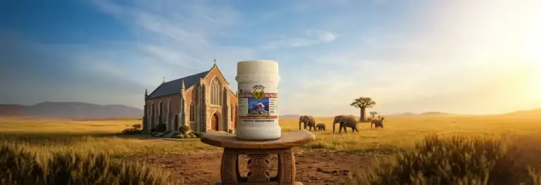 Indlovu traditional medicine, church, elephants in South African landscape.