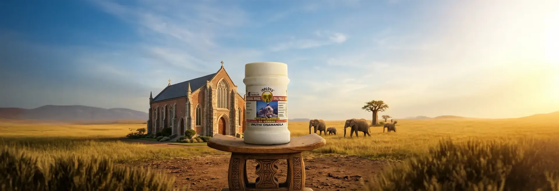 Indlovu traditional medicine, church, elephants in South African landscape.