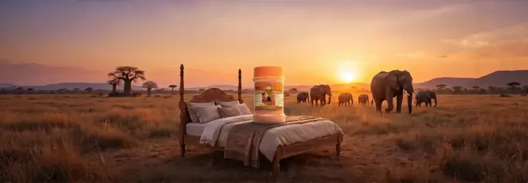 Bed and product jar in savannah with elephants
