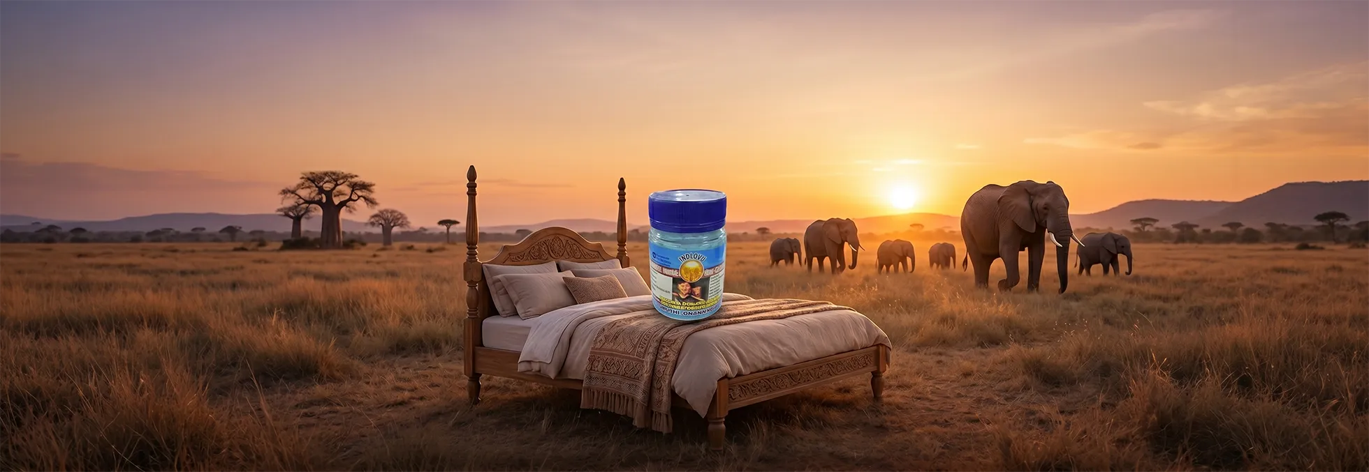 Bed with peanut butter in savannah at sunset