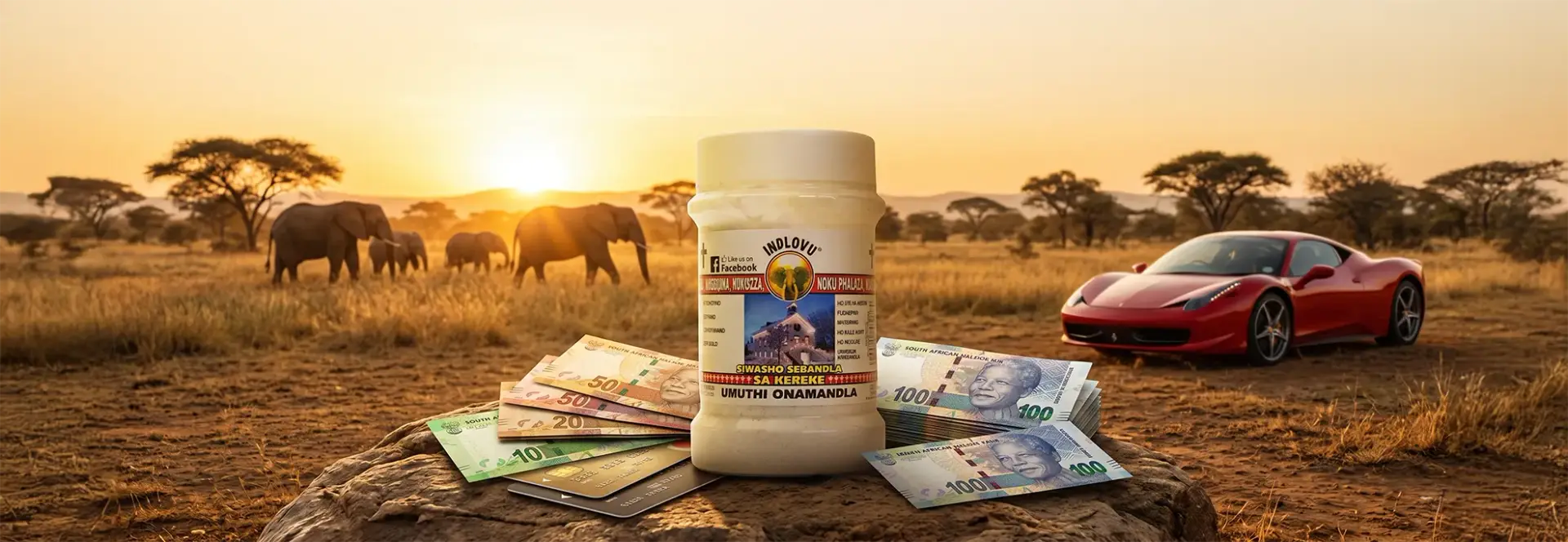 Indlovu jar with rand notes, elephants, red sports car
