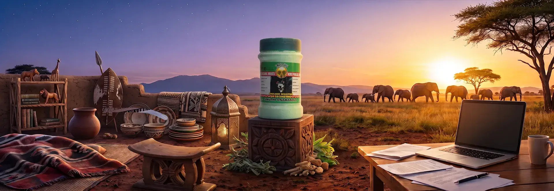 Herbal product display in African savannah at sunset