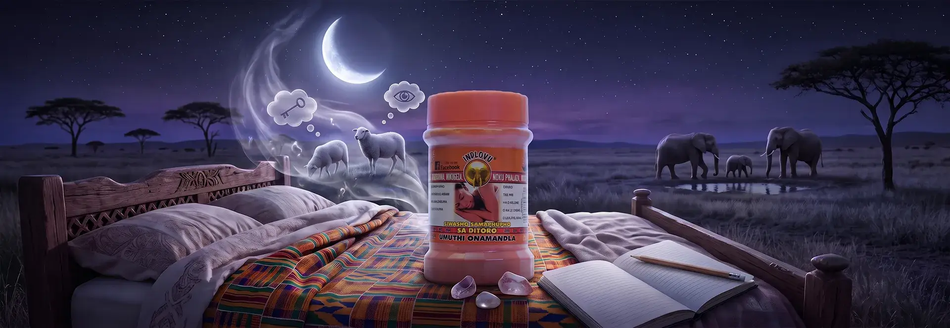 Jar on bed under moonlit African savannah