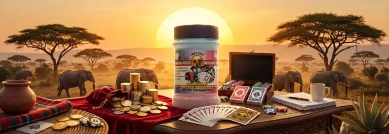 Gambling items and luck powder before elephants at sunset