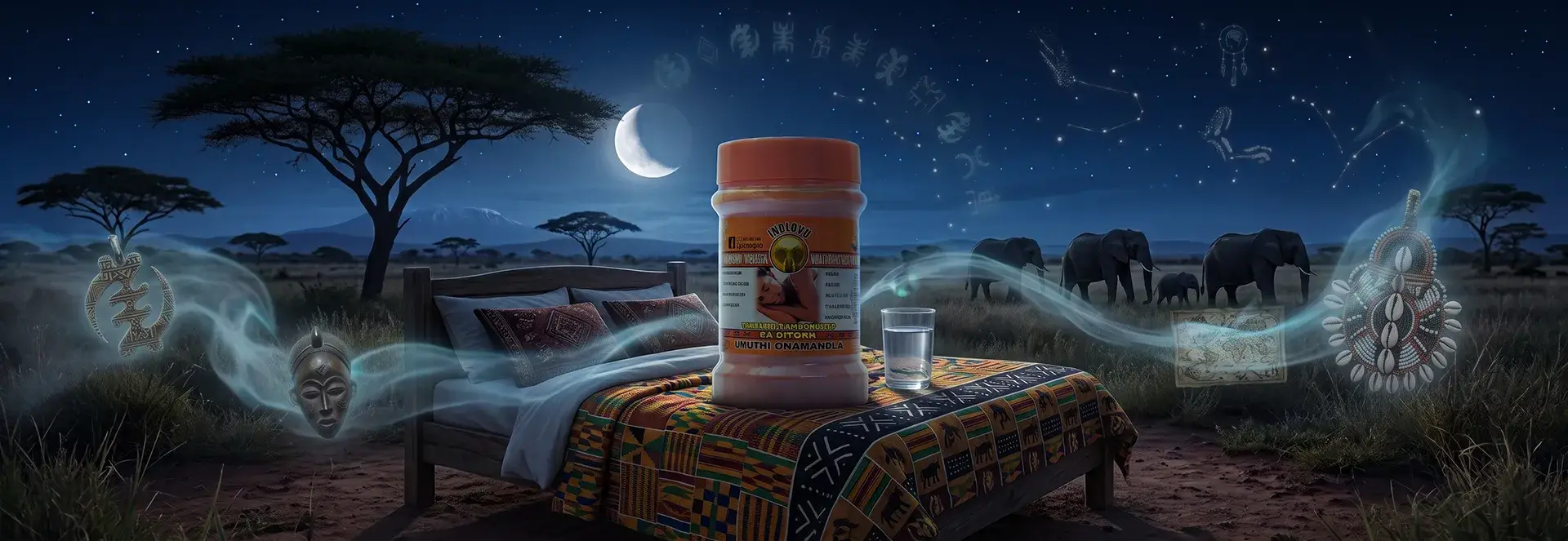 Herbal jar beside African-themed bed beneath starry savannah sky