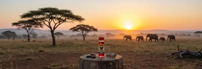 Herbal liquid bottle on stump overlooking elephants at sunrise