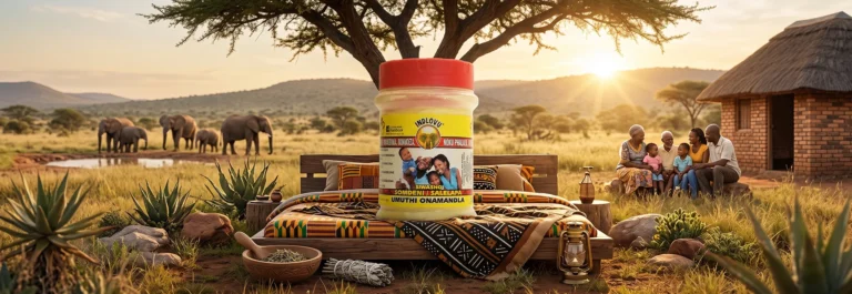 Indlovu herbal product jar in sunset South African landscape