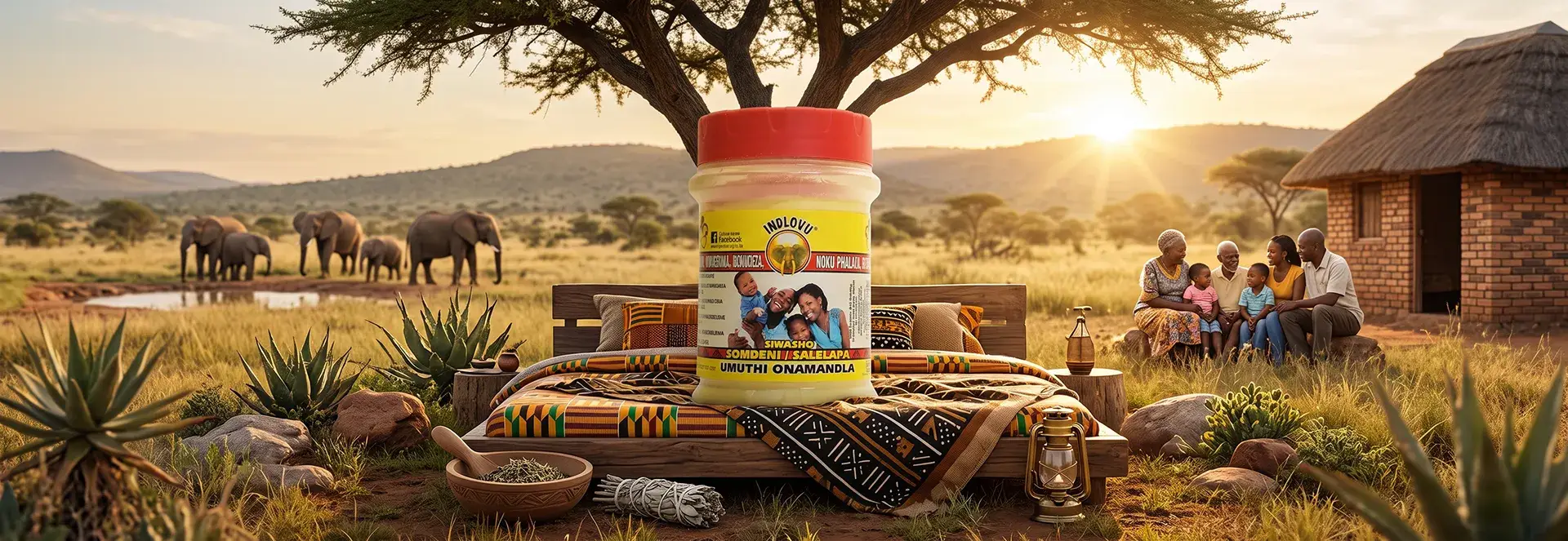 Indlovu herbal product jar in sunset South African landscape