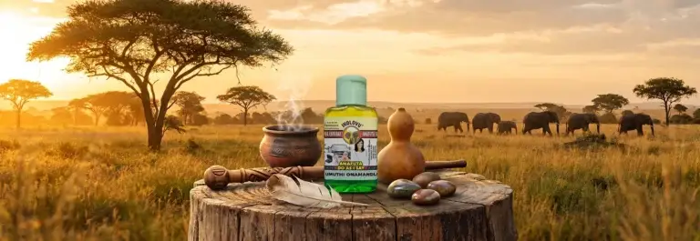 Herbal oil bottle with elephants on African savannah