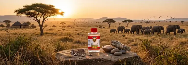 Traditional medicine bottle with elephants in a sunset savannah